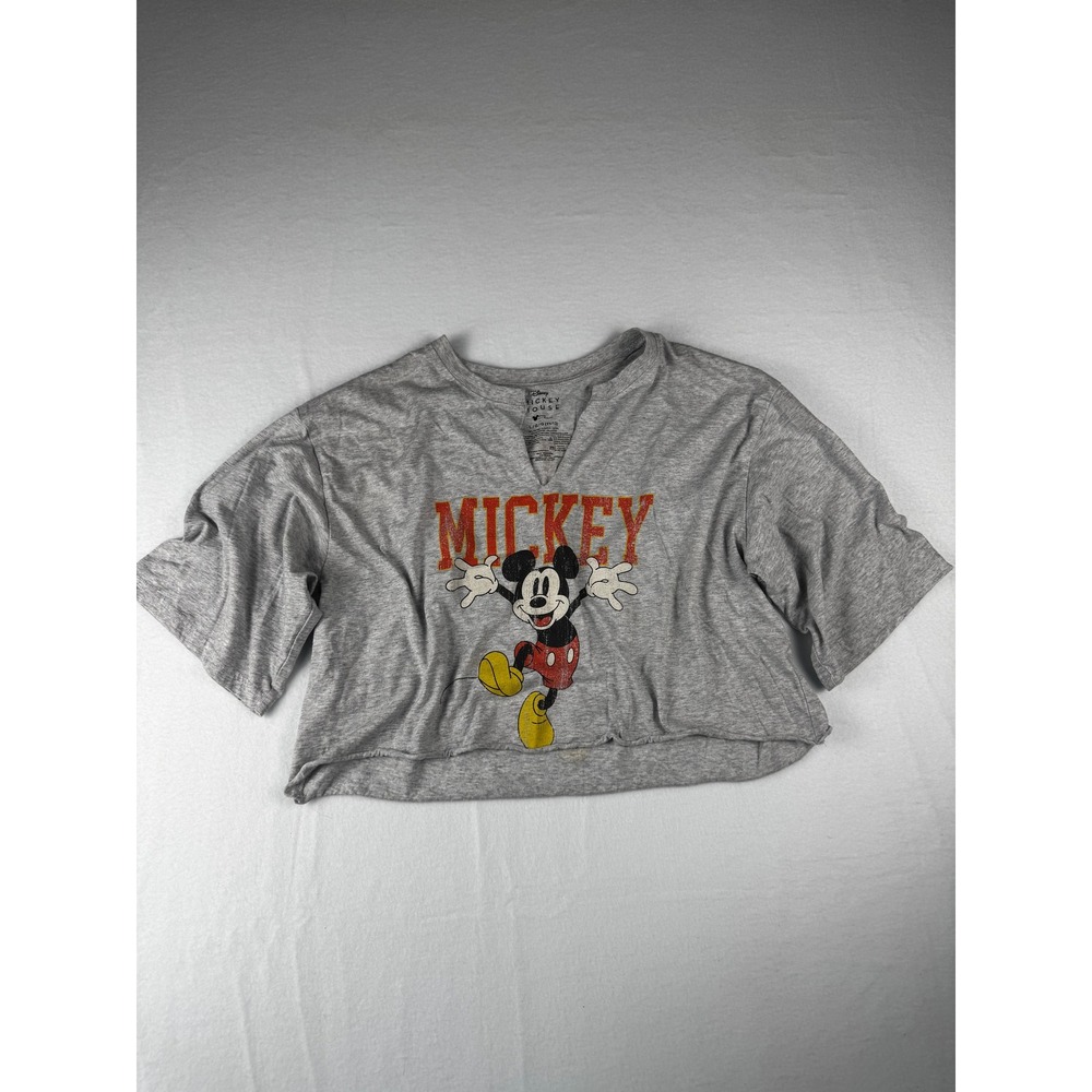 Disney Mickey Mouse Crop Top Heather Gray Graphic Tee Notched V-Neck L/G 12-14